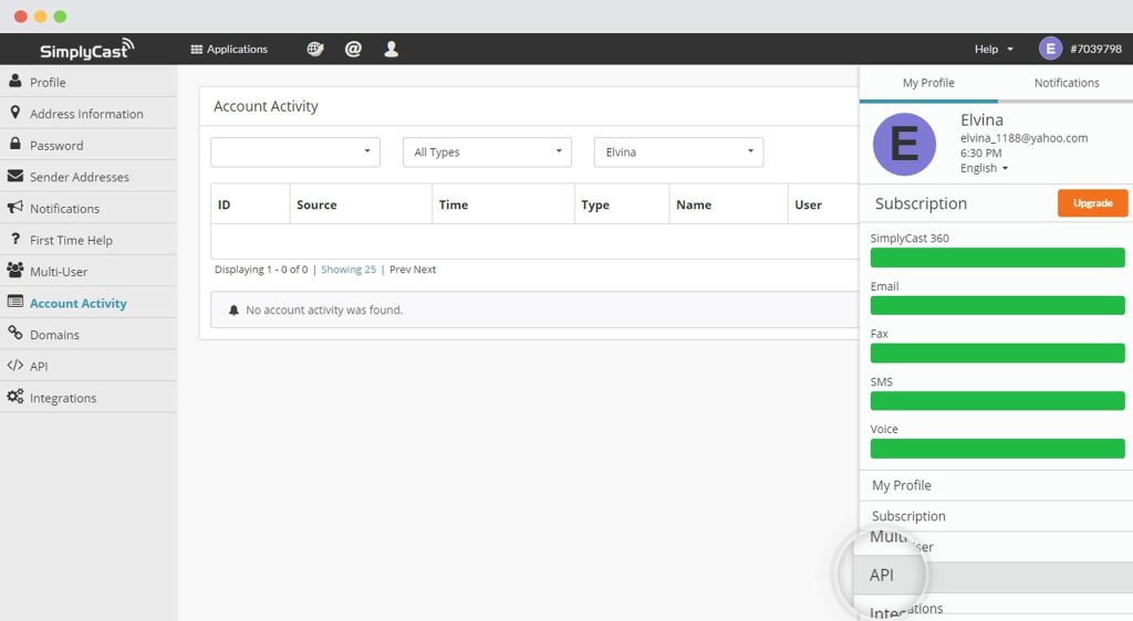 SimplyCast API Key API Section in Simplycast