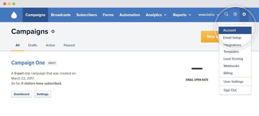 Drip API Token Go To Drip Account Page