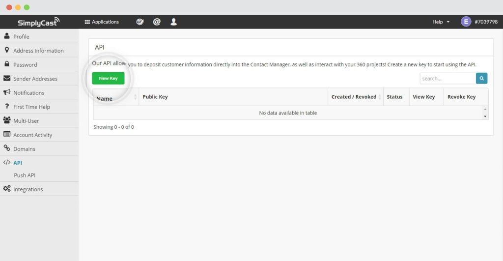 SimplyCast API Key New Key in Simplycast