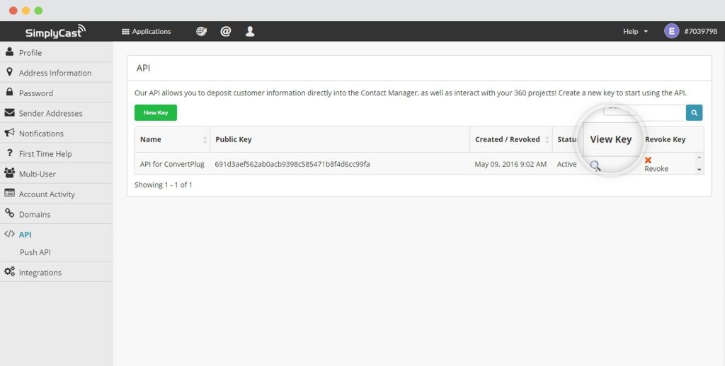 SimplyCast API Key View ecret Key in Simplycast