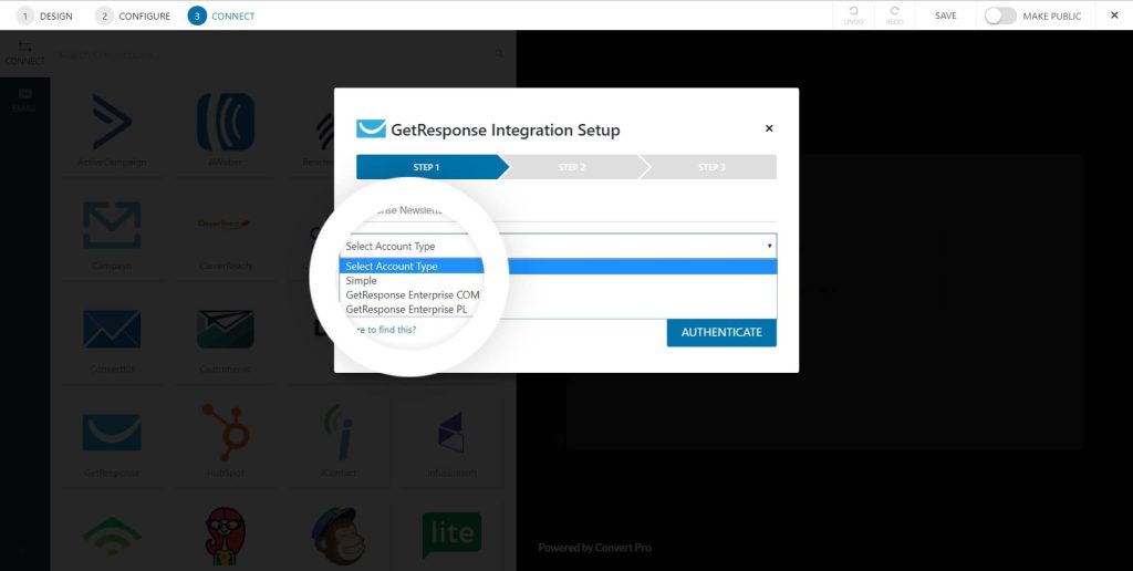 How to Integrate Convert Pro with GetResponse? Getrespones Select Account Type