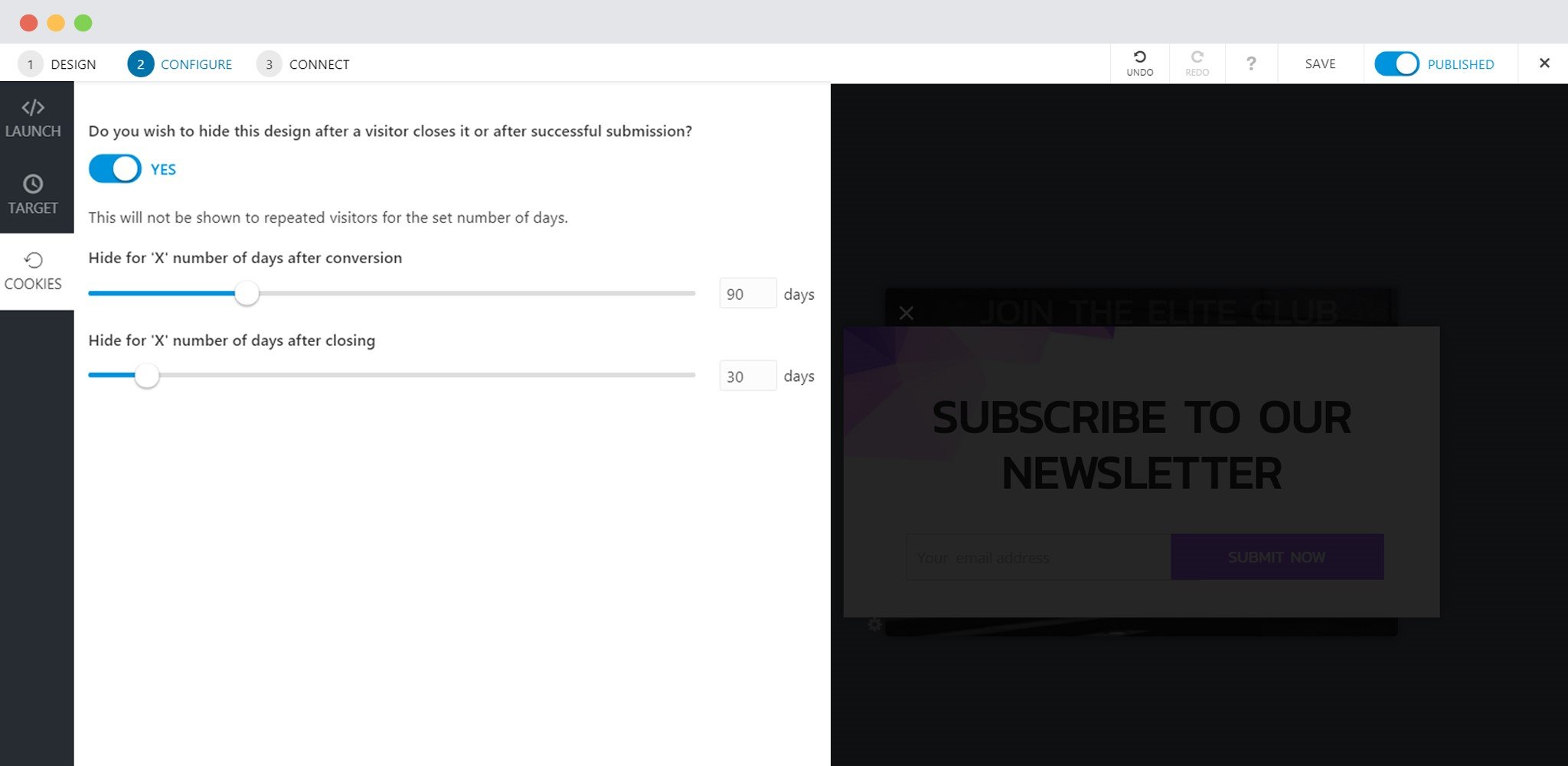Configuration Settings for a Modal Popup in Convert Pro Cookie Settings In Convert Pro 1
