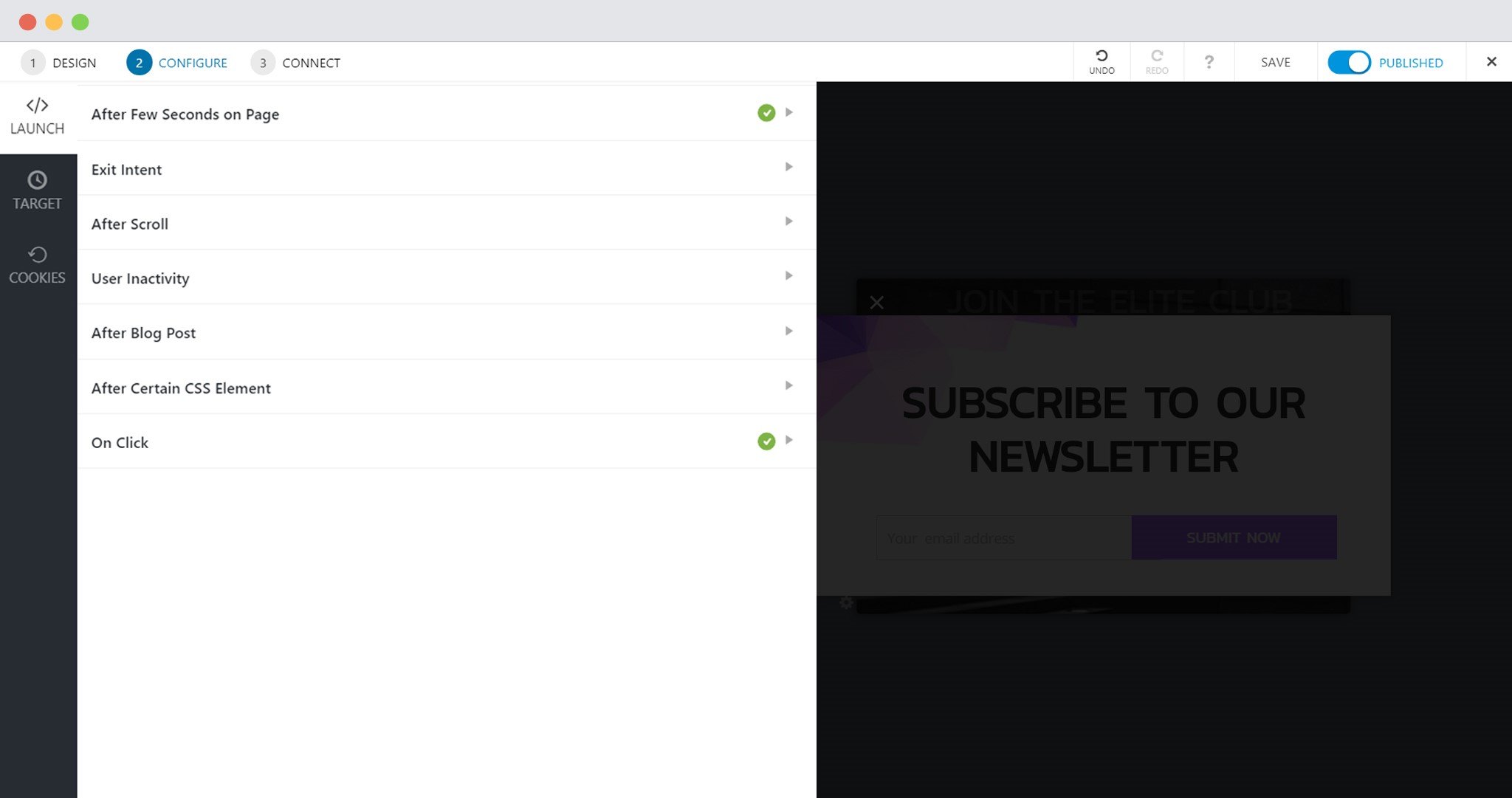 Configuration Settings for a Modal Popup in Convert Pro Launch Triggers In Convert Pro