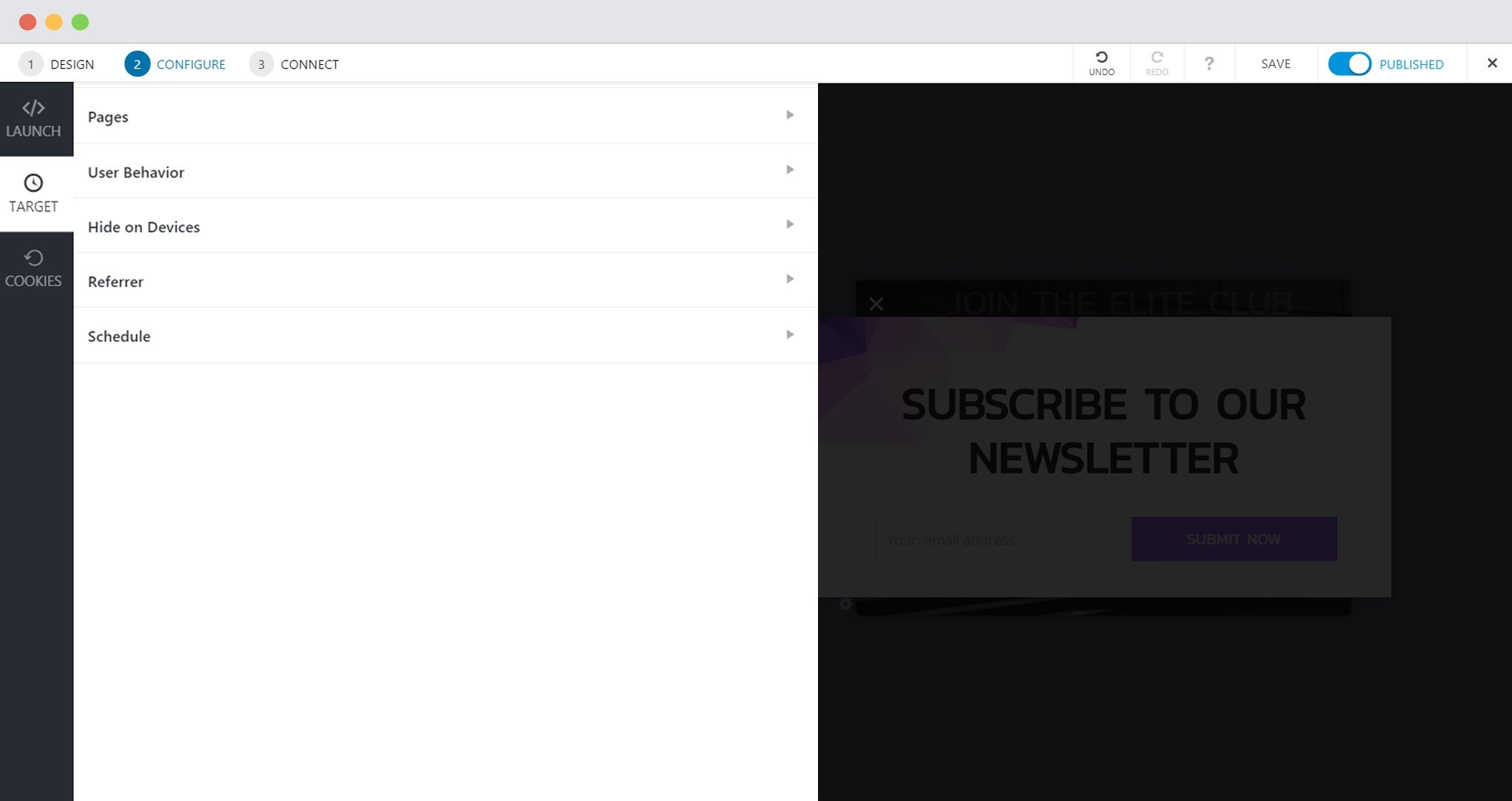 Configuration Settings for a Modal Popup in Convert Pro Target Settings In Convert Pro