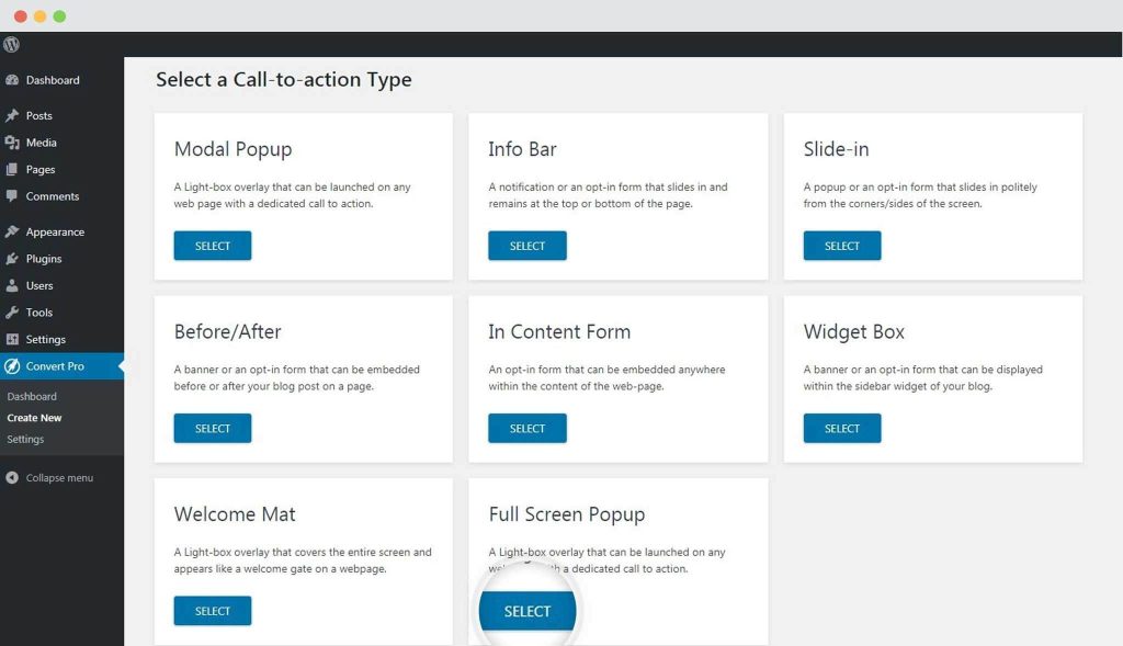 How to Create a Full screen popup in Convert Pro? Select Full Screen Call To Action in Convert Pro