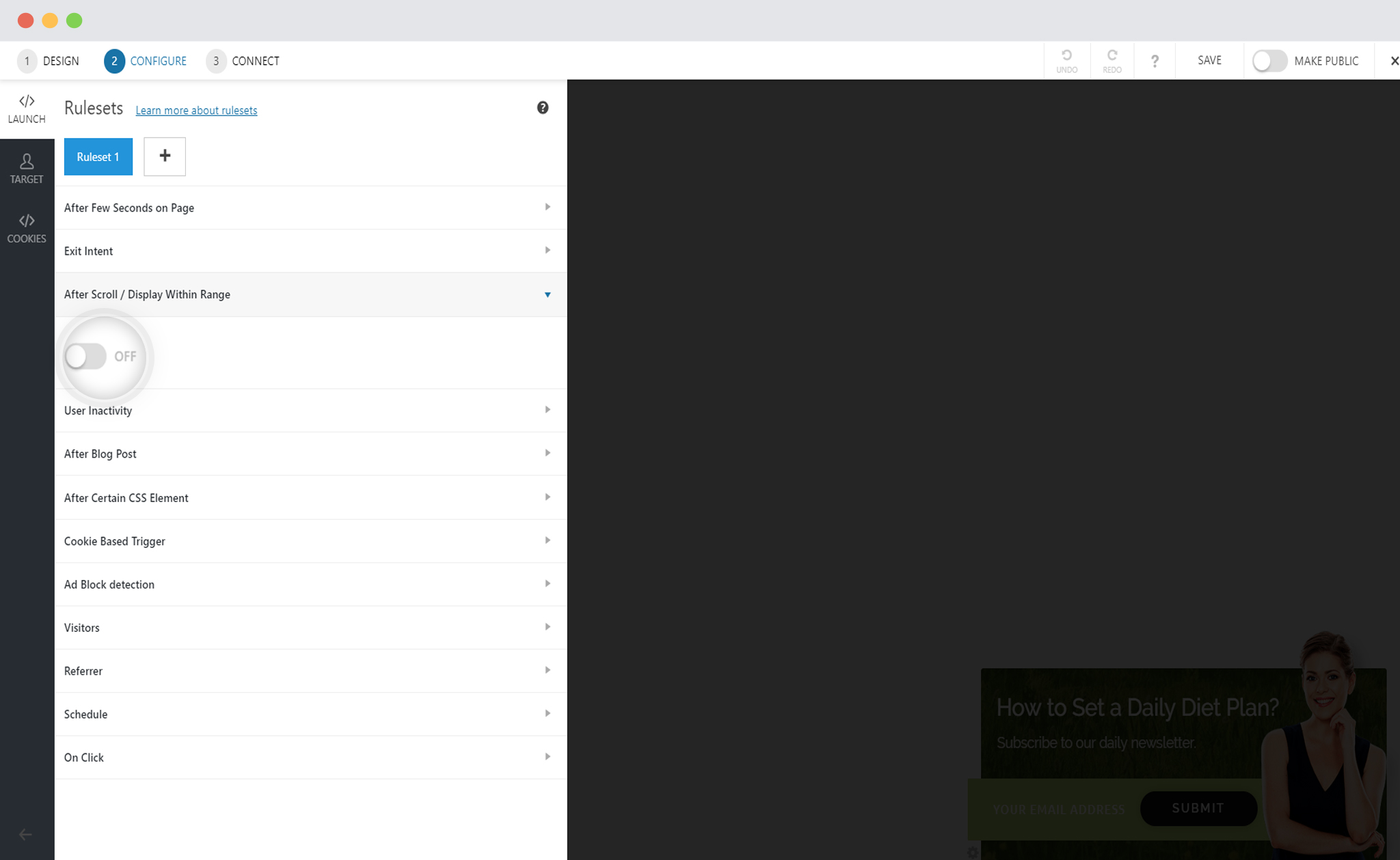 How to Display Call-to-action Within Scrolling Range on a Page? After Scroll And Display Within Range Trigger In Convert Pro
