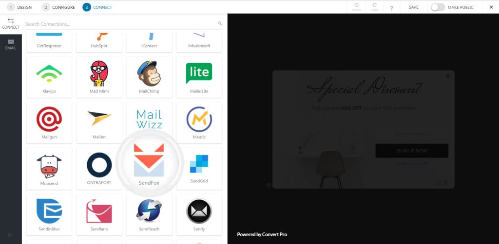 How to Integrate Convert Pro with SendFox? Click on Sendfox in Convert Pro